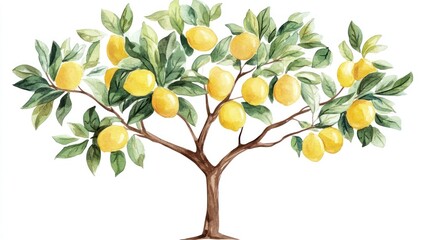 Naklejka premium Lemon tree laden with fruit, white background, food blog, recipe illustration