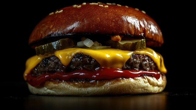 Delicious cheeseburger on a bun with ketchup and mustard, served as a gourmet hamburger. High-quality meat and vegetable toppings make this an appetizing meal.