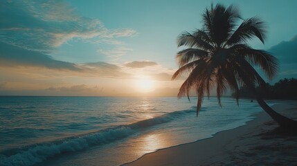 Fototapeta premium Peaceful beach sunset with palm tree and calm ocean. Perfect travel destination.