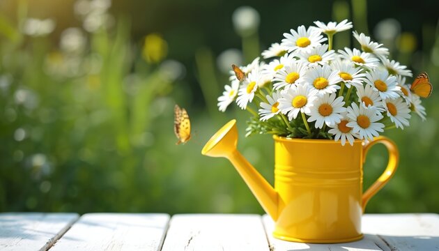 Summer floral composition with chamomile flowers in yellow watering can. Butterflies fly in garden over white wooden table. Nature, holiday, vacation, card design, template. Summer season, copy space.
