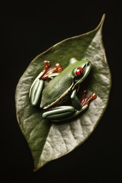 A green poison dart frog resting on a leaf. The frog's bright color is an adaptation for warning potential predators that it can be poisonous.