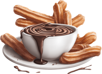 Traditional Spanish churros with rich chocolate dipping sauce served on elegant white ceramic plate, authentic fried pastry dessert vector illustration