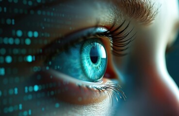 Close-up of human eye reflecting binary code. Digital data streams as futuristic technology concept. Artificial intelligence, cyber security, data processing, computer vision, biometric recognition