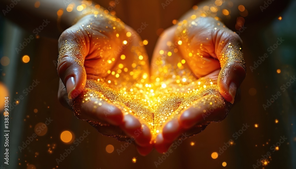 Poster hands covered gold glitter, illuminated to create shimmering magical glow with glitter particles flo