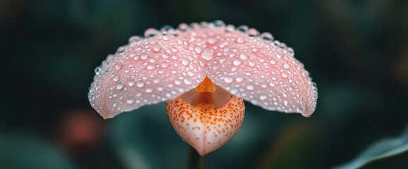 Delicate pink flower with water droplets on petals against a dark, blurry background