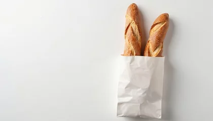 Fresh baguettes in white paper bag on white background. Bakery product, french bread for breakfast or meal. Healthy organic pastry, food shopping concept. Retail market, shop, grocery store.