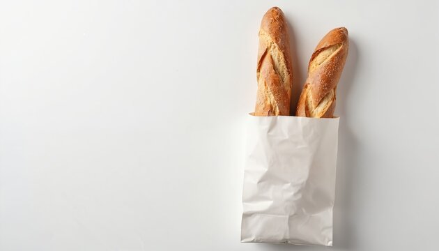 Fresh baguettes in white paper bag on white background. Bakery product, french bread for breakfast or meal. Healthy organic pastry, food shopping concept. Retail market, shop, grocery store.