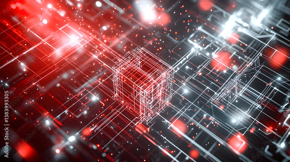 Poster visualizing blockchain cybersecurity and encryption a high-tech digital landscape