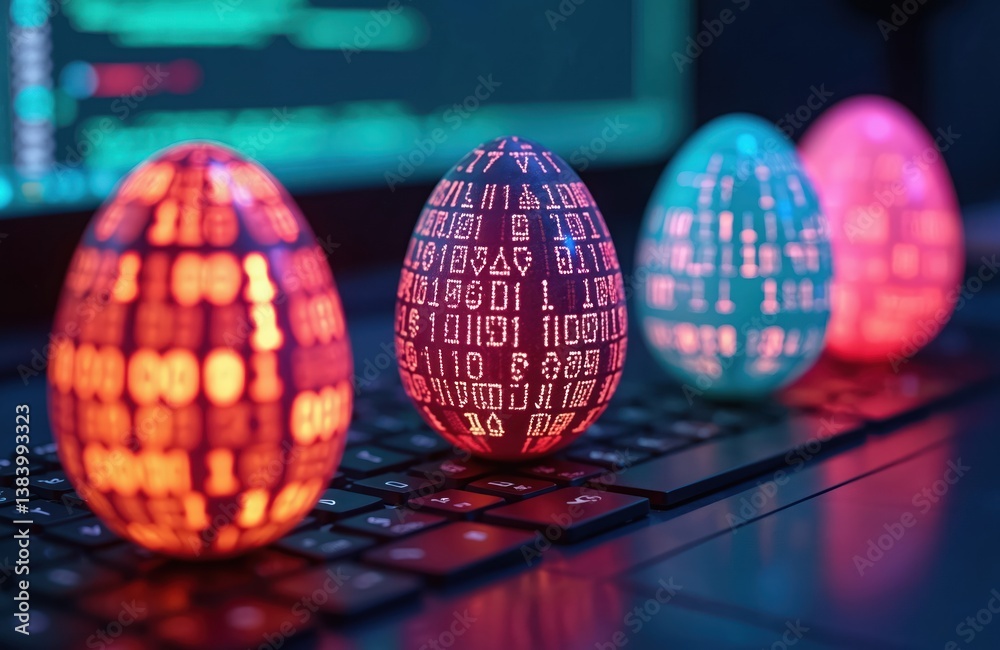 Poster Close-up of Easter eggs on computer keyboard with glowing digital patterns. Eggs emit neon light, illustrating coding, binary code, modern tech, cyber security, holiday celebration.
