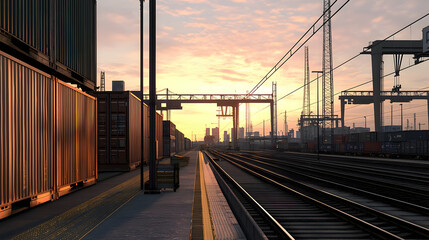 Fototapeta premium Industrial Port Sunset With Train Tracks And Containers