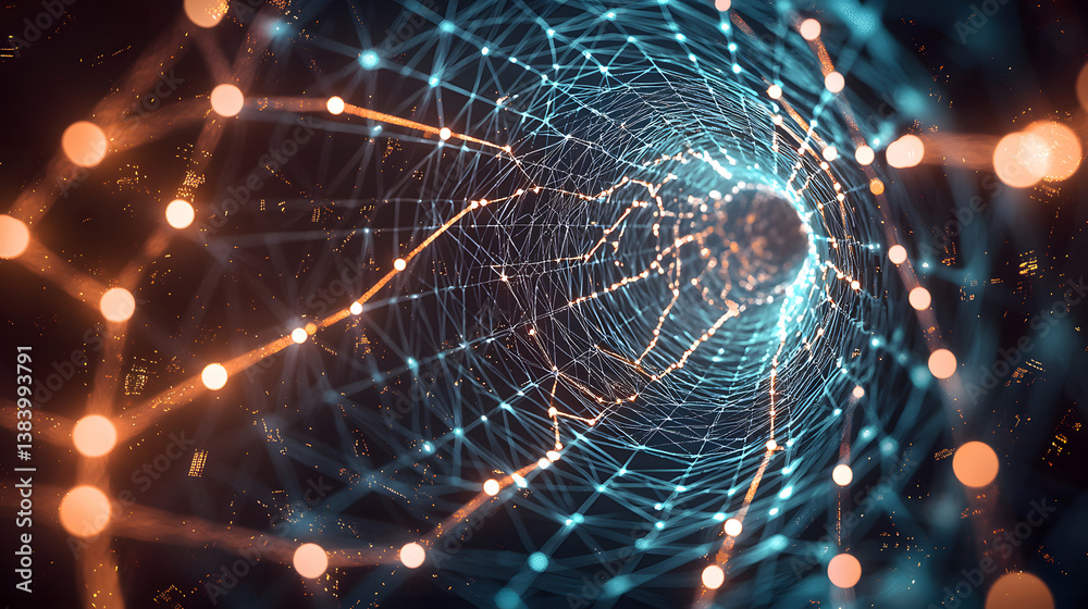 Poster blockchain cybersecurity and encryption visualized an abstract journey through digital networks and 