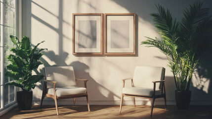"Serene Space: Two Chairs, Plant, and Picture Frame by the Window"

