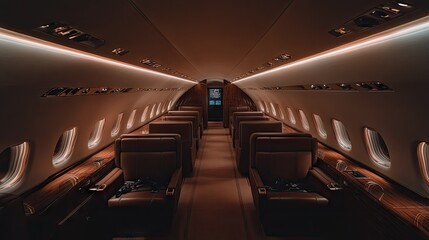 Luxurious private jet cabin interior, featuring plush brown leather seating arranged in rows, warm lighting, and a sophisticated design