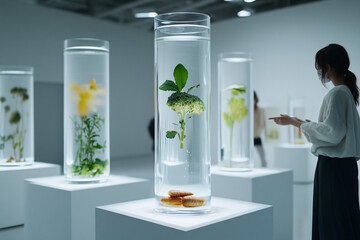 futuristic botanical exhibition with green plants in transparent glass cylinders, modern gallery installation blending science and nature with people observing ecological displays
