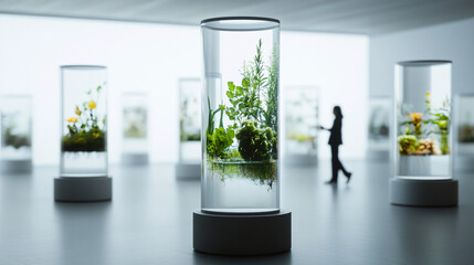 futuristic botanical exhibition with green plants in transparent glass cylinders, modern gallery installation blending science and nature with people observing ecological displays
