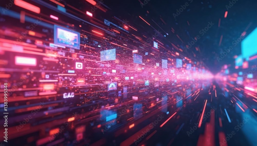 Poster abstract tech illustration shows digital content, network services, streaming video, nft. cyber worl