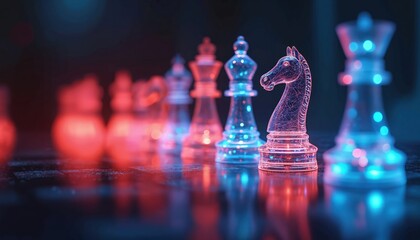 Futuristic chess game features glowing holographic chess pieces. Digital gaming board concept. Innovative tech meets strategy with glowing, illuminated neon pieces on board. Cyberpunk design for