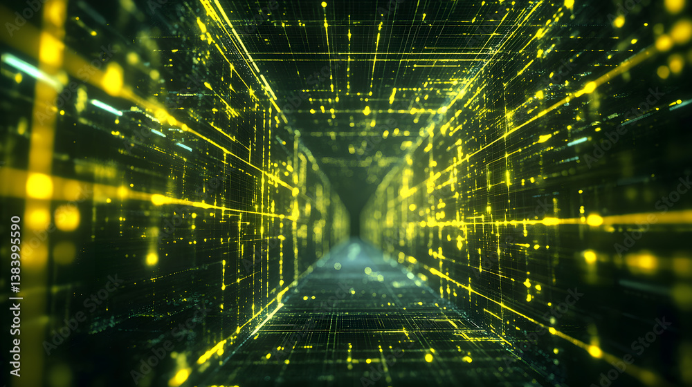 Poster exploring cloud computing and decentralized systems digital realm visual data flow futuristic enviro