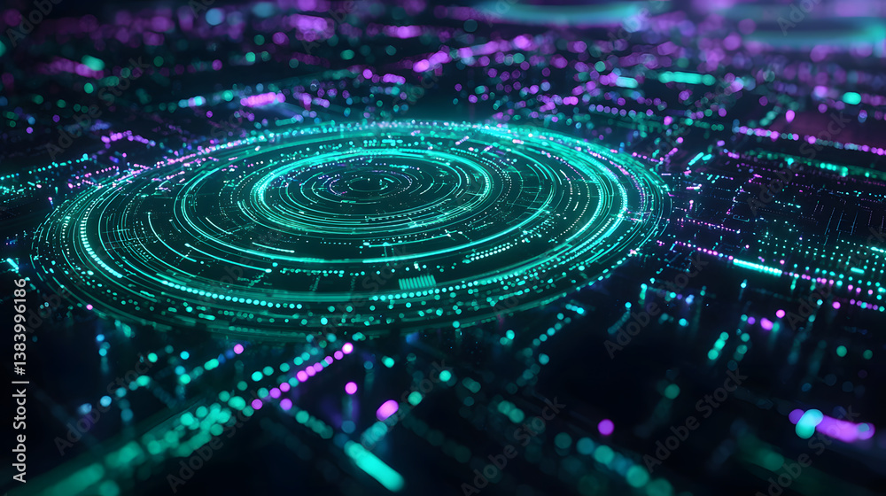 Poster visualizing cloud computing and decentralized systems futuristic technology design digital space abs