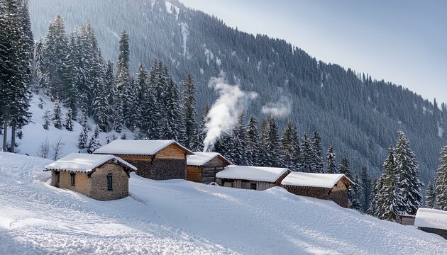 Distant Mountain Village Homes in Snow in Auli, Uttarakhand, India