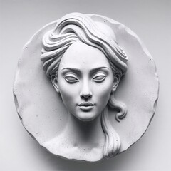 Elegant white plaster medallion sculpture of a serene woman's face with flowing hair on minimalist round base
