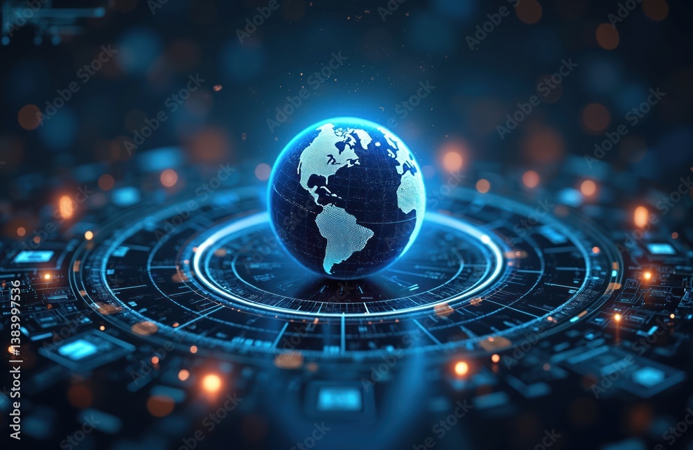 Poster Futuristic tech illustration with illuminated digital globe on technology background. Planet earth floating above circuit board. Digitalization, network, global connections concept. Representing