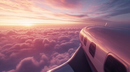 Fototapeta premium A private jet soaring above the clouds, with a sleek, modern interior featuring plush seating and polished wood
