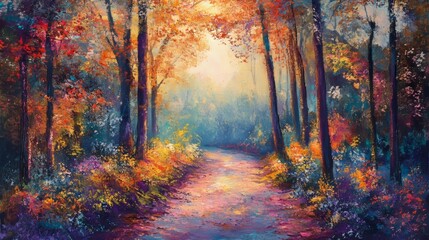 Forest path, mystic autumn morn.