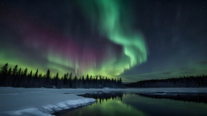 Northern lights dancing in the night sky above a frozen lake with snow-covered trees and a clear reflection.