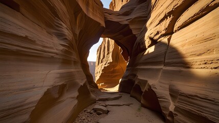 A narrow sandstone canyon with smooth, flowing walls and golden sunlight filtering through the narrow opening above.