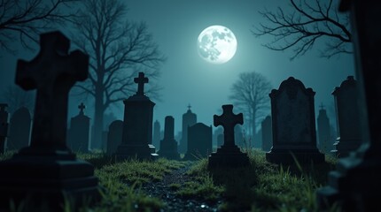 A haunting cemetery scene illuminated by moonlight, featuring weathered tombstones and eerie shadows, creating a mysterious and atmospheric setting.
