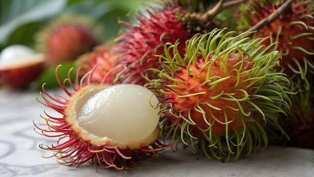 Fresh, sweet, red, hairy rambutan tropical fruit closeup