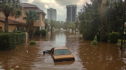 Flooded street with submerged car after hurricane rainfall