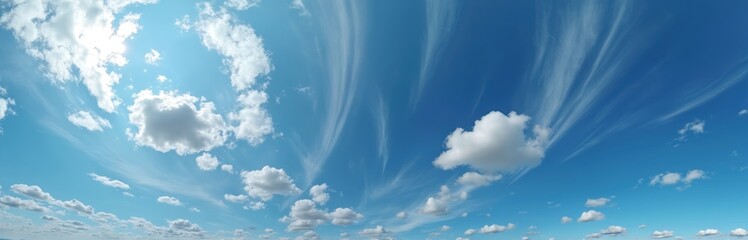 Panoramic view blue sky with Cirrus and Cumulus clouds. Spherical equirectangular format. Seamless hdr 360 degree pano. Sky dome for 3D visualization, games and sky replacement.