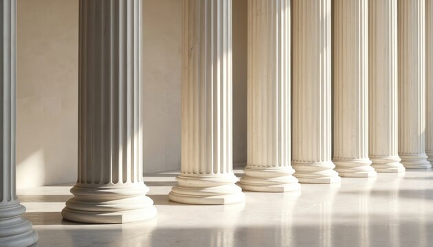 White marble pillars stand in a row. Classical architectural detail, perfect for illustrating government buildings or museums. Ancient style, Roman or Greek, historical design, luxury exterior.