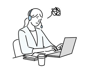 business woman with laptop-Woman working on computer - troubled face blue business - Simple Vector Illustrationパソコンで仕事をする女性ー困った顔ートラブルービジネスーシンプルベクターイラスト素材