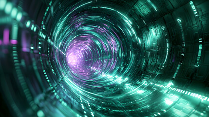 Interstellar communication event exploring futuristic space technology through a hyperspace tunnel visualization