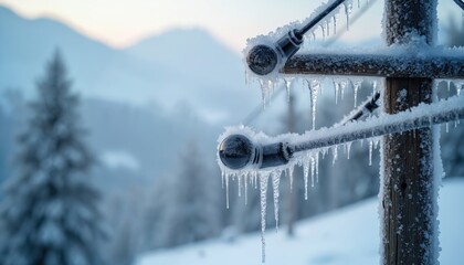 Frozen electricity cables covered in ice. Icicles on power lines after freezing rain. Winter storm, severe weather, snow-covered electrical infrastructure, cold icy conditions.
