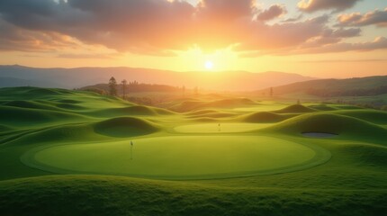 Obraz premium A serene photorealistic golf course at sunrise with lush green hills, perfect for recreation or tournament promotions.