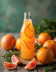 Fresh fruit juice bottle. Orange drink beverage with orange slices inside bottle, grapefruits and rosemary sprigs on wood table. Healthy detox diet smoothie. Vitamin drink for breakfast.
