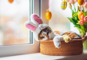 funny kitten in easter bunny ears costume lies in basket on windowsill among flowers and colored...