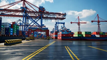 Import tariffs warning sign at shipping port with cargo containers and cranes under blue sky and wet ground