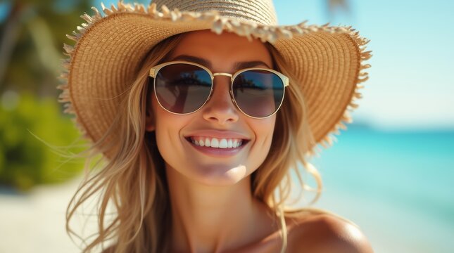 A stylish woman in a sun hat smiles confidently with sunlight creating soft shadows on her face, set against a blurred tropical beach, highlighting sun protection and fashion.