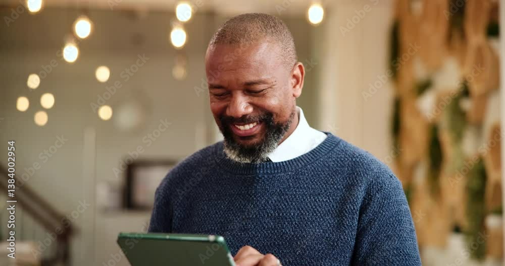 Aufkleber black man, happy and tablet in office for web designer, software update and scroll for information. 