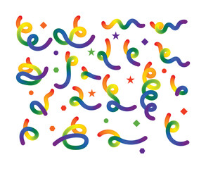  Colorful abstract confetti and ribbon elements on a white background, perfect for celebrations and parties.