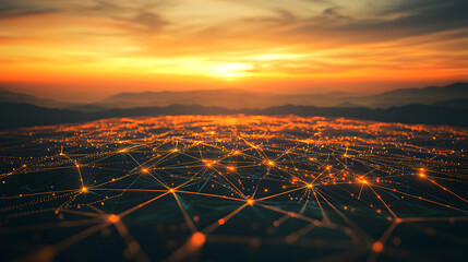 Digital transformation in sustainable tech visualizing green systems at sunset over a connected landscape