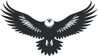 Obraz premium Silhouette of an eagle with spread wings in black and white, symbolizing freedom and strength.