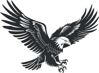Fototapeta premium Black and white illustration of an eagle in flight with outstretched wings and sharp talons.