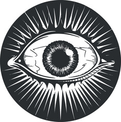 Monochrome eye illustration with decorative rays in a circular design, featuring intricate details.