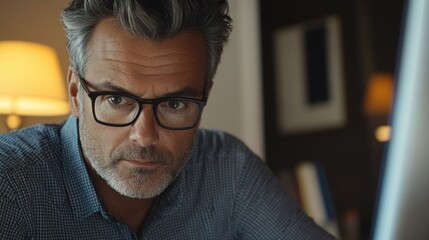 Man in office looking at computer screen, deep in thought.
